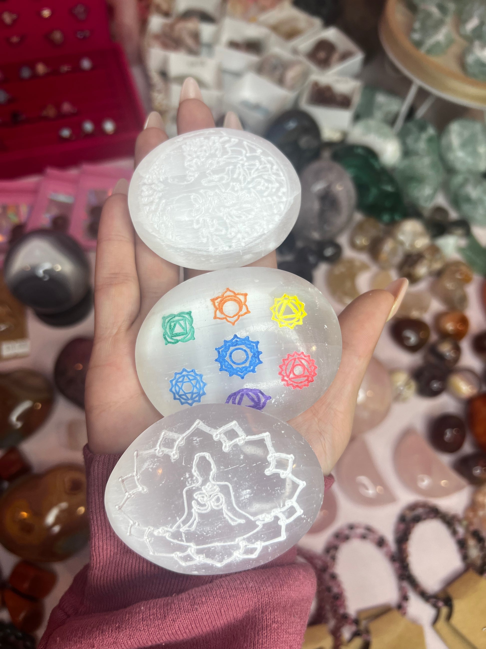 Selenite Carved palm stones